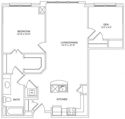 Floor plan for 1 bed, 1 bath, 973 sqft